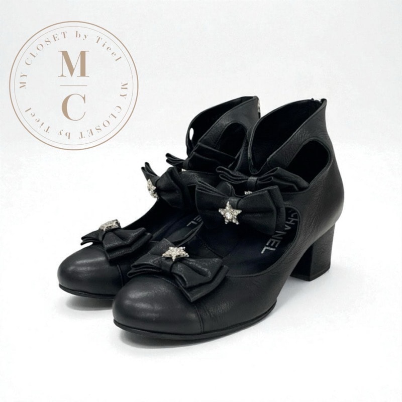 シャネル CHANEL パンプス 靴 シューズ レザー ブラック 黒 ココマーク リボン スター ラインストーン