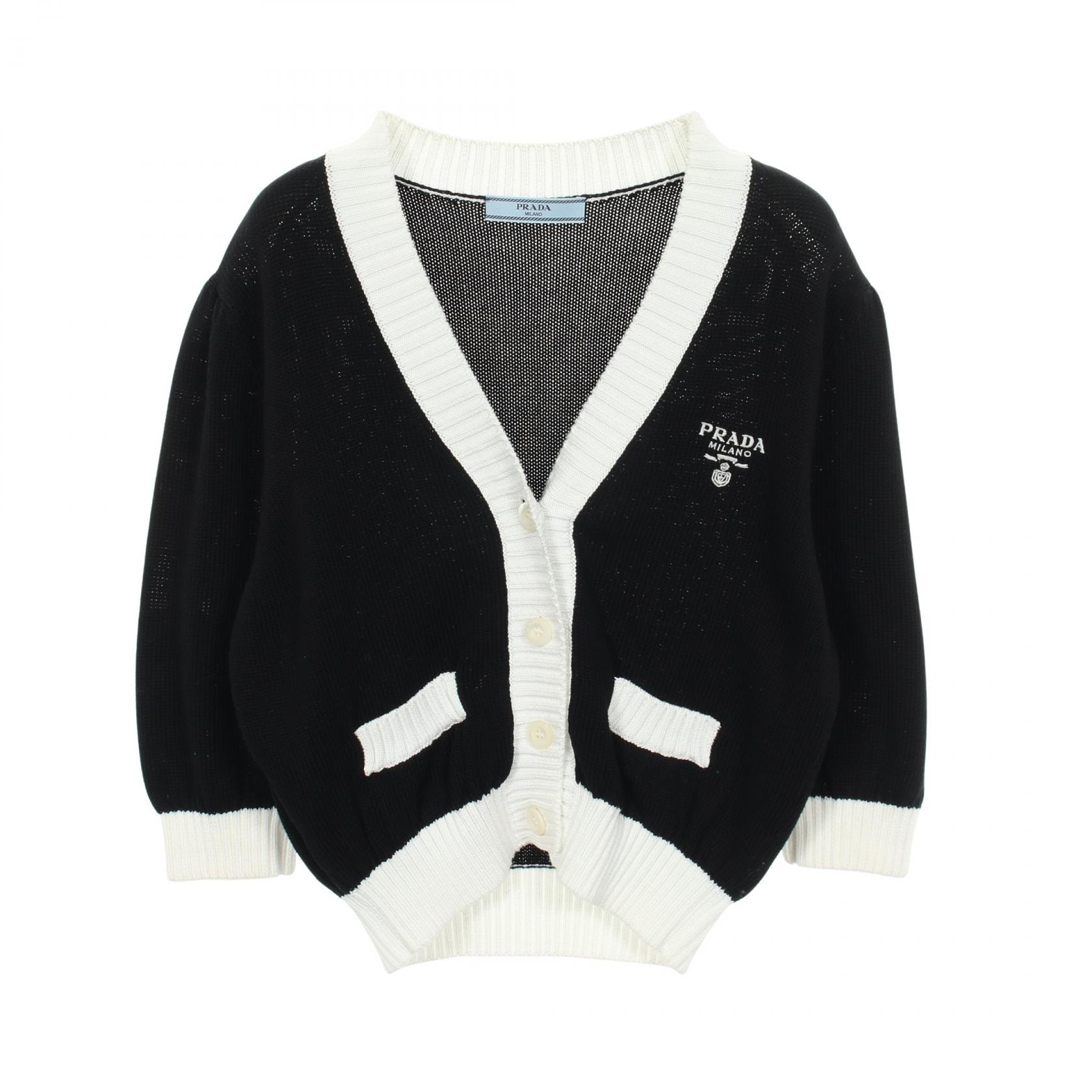 プラダ PRADA ロゴ刺繍 カーディガン 衣料品 トップス コットン レディース ブラック系 / ホワイト系 P25I04 【中古】