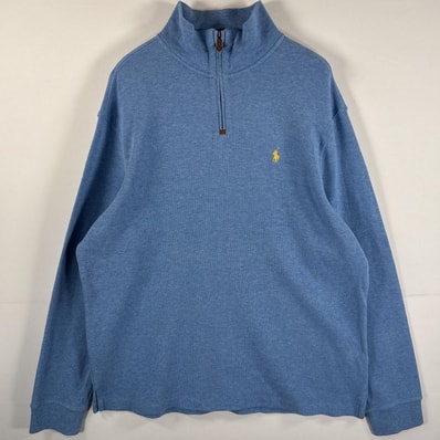 古着 ポロ・ラルフローレン POLO RALPH LAUREN コットンニット ハーフジップ ワンポイントロゴ刺繍 大きいサイズ XL 水色 メンズ