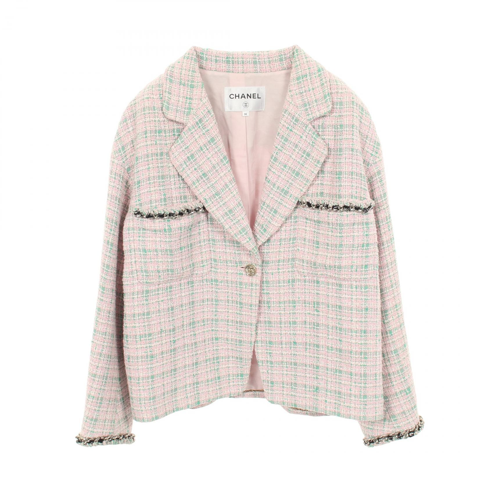 シャネル CHANEL ココマークボタン ツイード 衣料品 アウター ポリエステル / コットン レディース ピンク系 / グリーン系 P70531V61850 【中古】