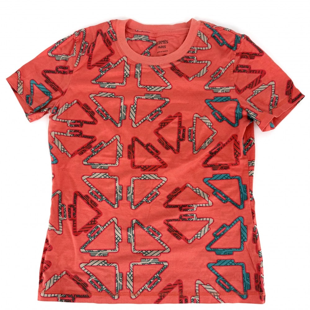 HERMES エルメス 半袖Tシャツ クルーネック トップス アパレル 服 34 オレンジ グリーン 緑 コットン    レディース 春 夏【中古品】