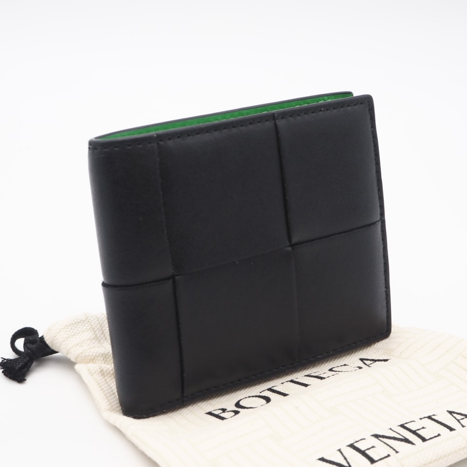 美品 BOTTEGAVENETA ボッテガヴェネタ マキシイントレチャート レザー 二つ折り財布 743004 二つ折り財布 ブラック グリーン カーフレザー メンズ