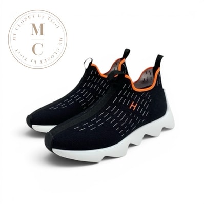 エルメス HERMES エクレール スニーカー 靴 シューズ ファブリック ブラック オレンジ 未使用 Hロゴ