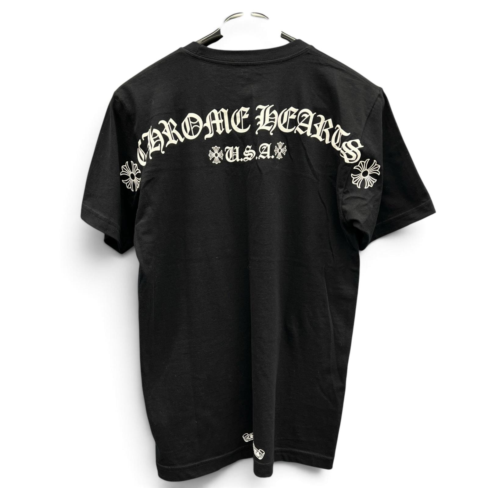 CHROME HEARTS 美品 クロムハーツ Back Arch USA Logo Tee USA バックアーチロゴ Tシャツ バックプリント 半袖 #S コットン ブラック ホワイト カットソー ABランク 中古 鑑定済 クロムTシャツ