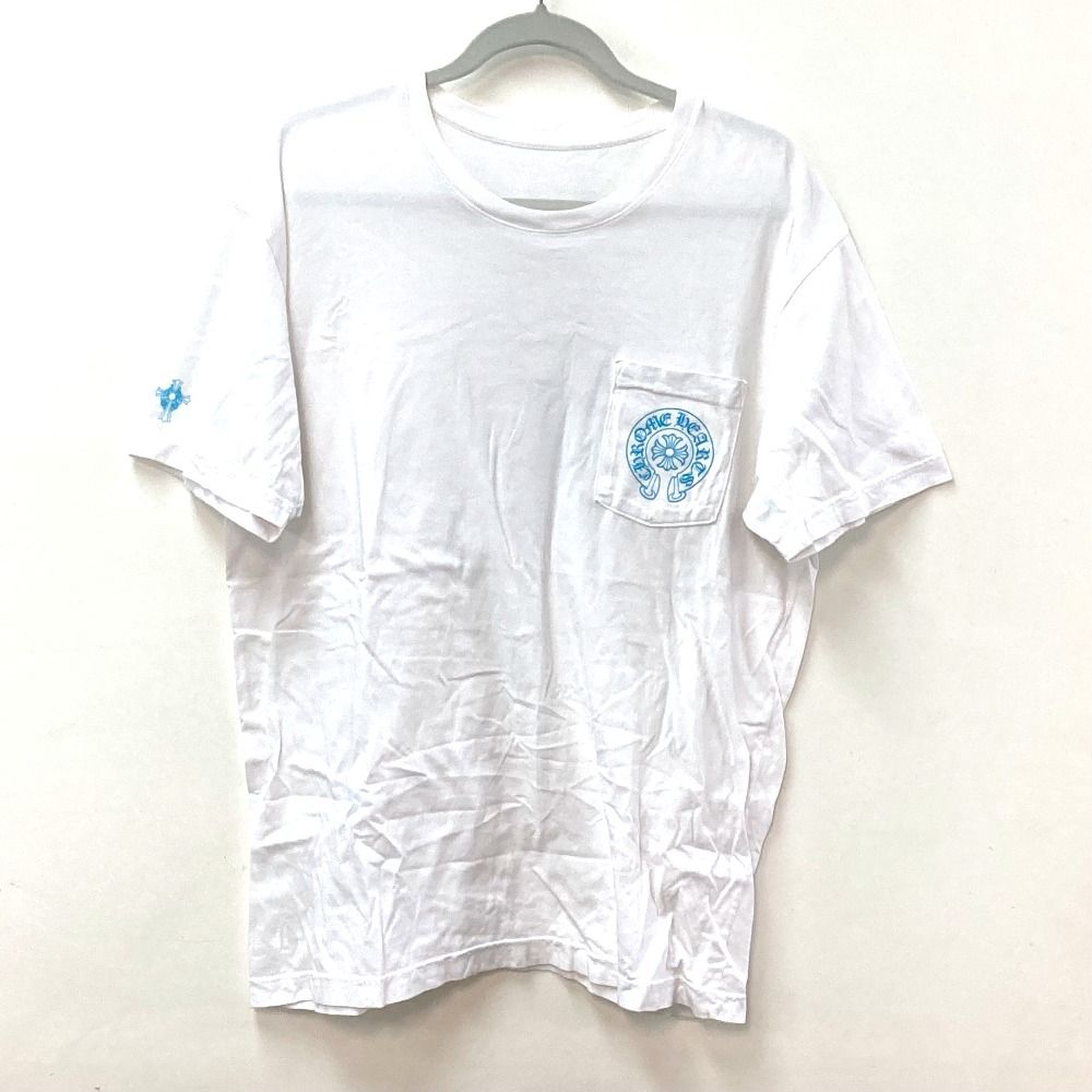 クロムハーツ ブルー 3セメタリークロス ロゴ 半袖Tシャツ コットン ホワイト