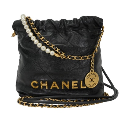 CHANEL シャネル ショルダーバッグ シャネル 22 ミニ マトラッセ メダルチャーム付 ホーボー パール ココマーク 黒 (ブラック) カーフスキン アンティークゴールド金具 AS3980 新品同様【中古】
