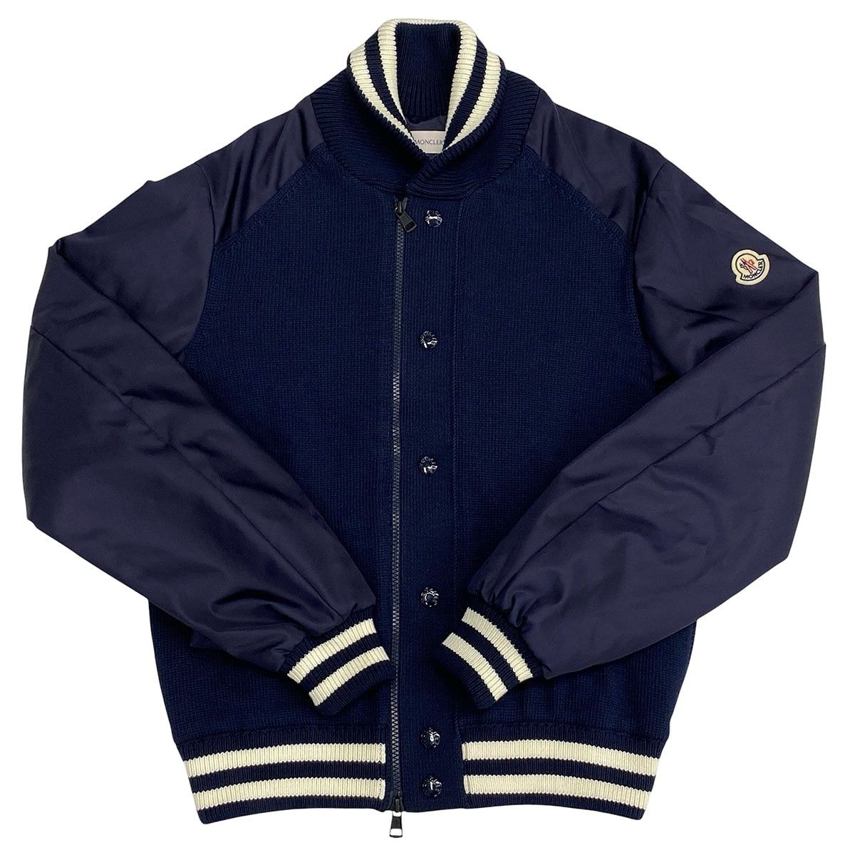 MONCLER モンクレール ニット切替 スタジャン ワッペン付き ジップアップ ジャケット ブルゾン M ナイロン コットン ネイビー  メンズ【中古】