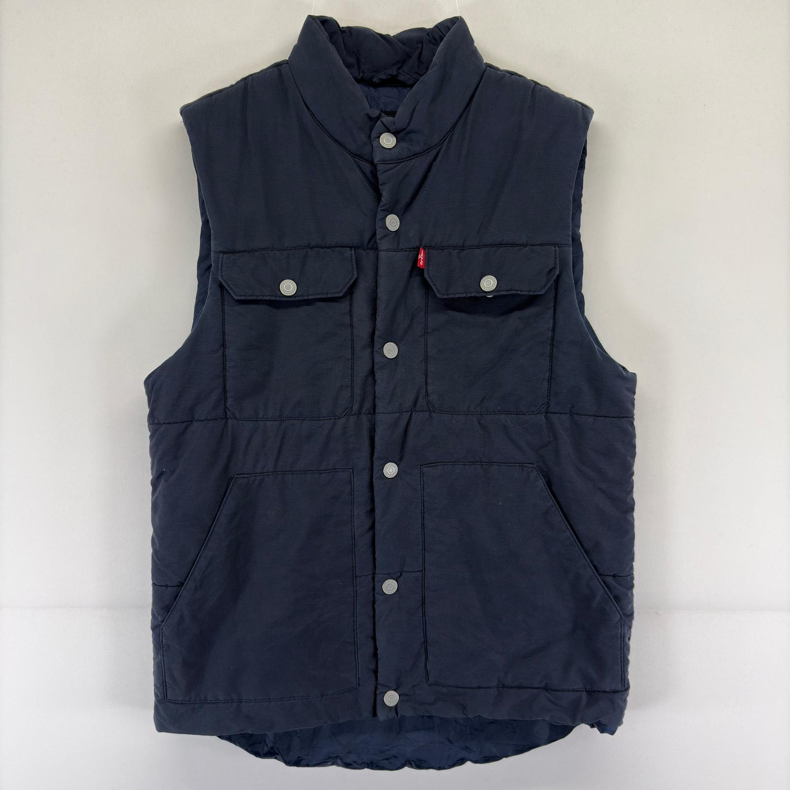古着 リーバイス Levi's ベスト 中綿 フルボタン 胸ポケット スタンドカラー S  ネイビー 無地 メンズ