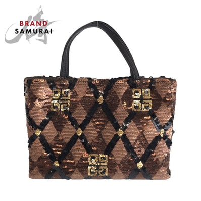 美品 GIVENCHY ジバンシィ ブラウン ブラック シルバー金具 スパンコール ハンドバッグ ミニトートバッグ 602258 【中古】
