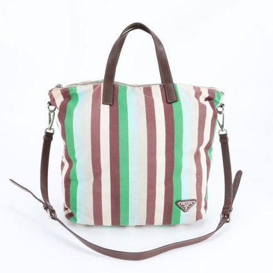 プラダ ストライプ トライアングルロゴショルダーバッグ