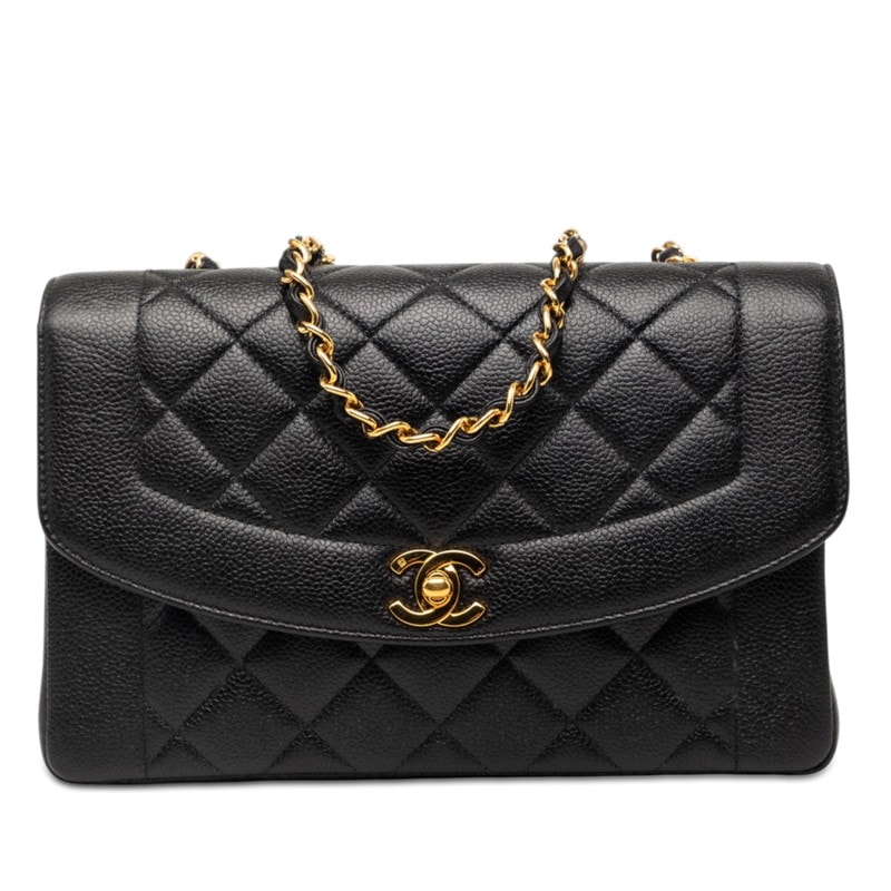 シャネル ココマーク マトラッセ25 ダイアナ チェーンショルダーバッグ ブラック キャビアスキン レディース CHANEL 【中古】
