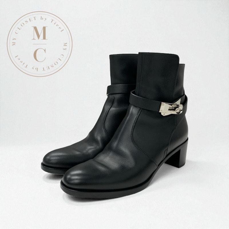 エルメス HERMES フレンチー ブーツ ショートブーツ 靴 シューズ レザー ブラック 黒 シルバー ケリー金具