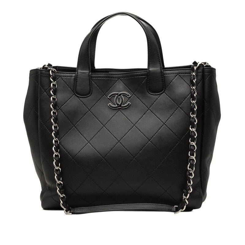 シャネル ココマーク ワイルドステッチ トートバッグ ショルダーバッグ 2WAY ブラック シルバー金具 レザー レディース CHANEL 中古