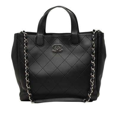 シャネル ココマーク ワイルドステッチ トートバッグ ショルダーバッグ 2WAY ブラック シルバー金具 レザー レディース CHANEL 中古