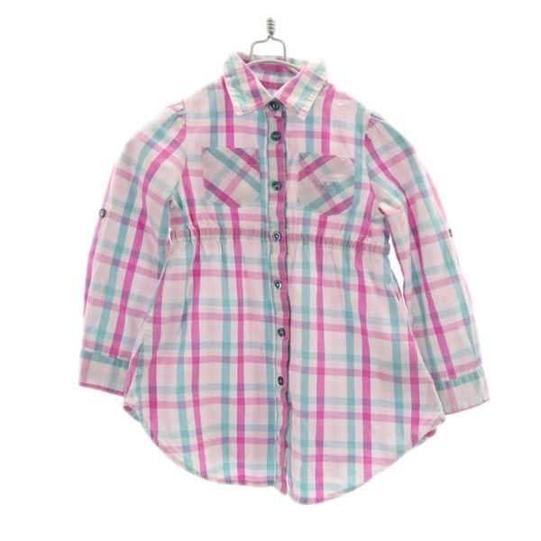 ARMANI JUNIOR アルマーニジュニア チェック 長袖 シャツ ワンピース 2A 94cm ピンク系