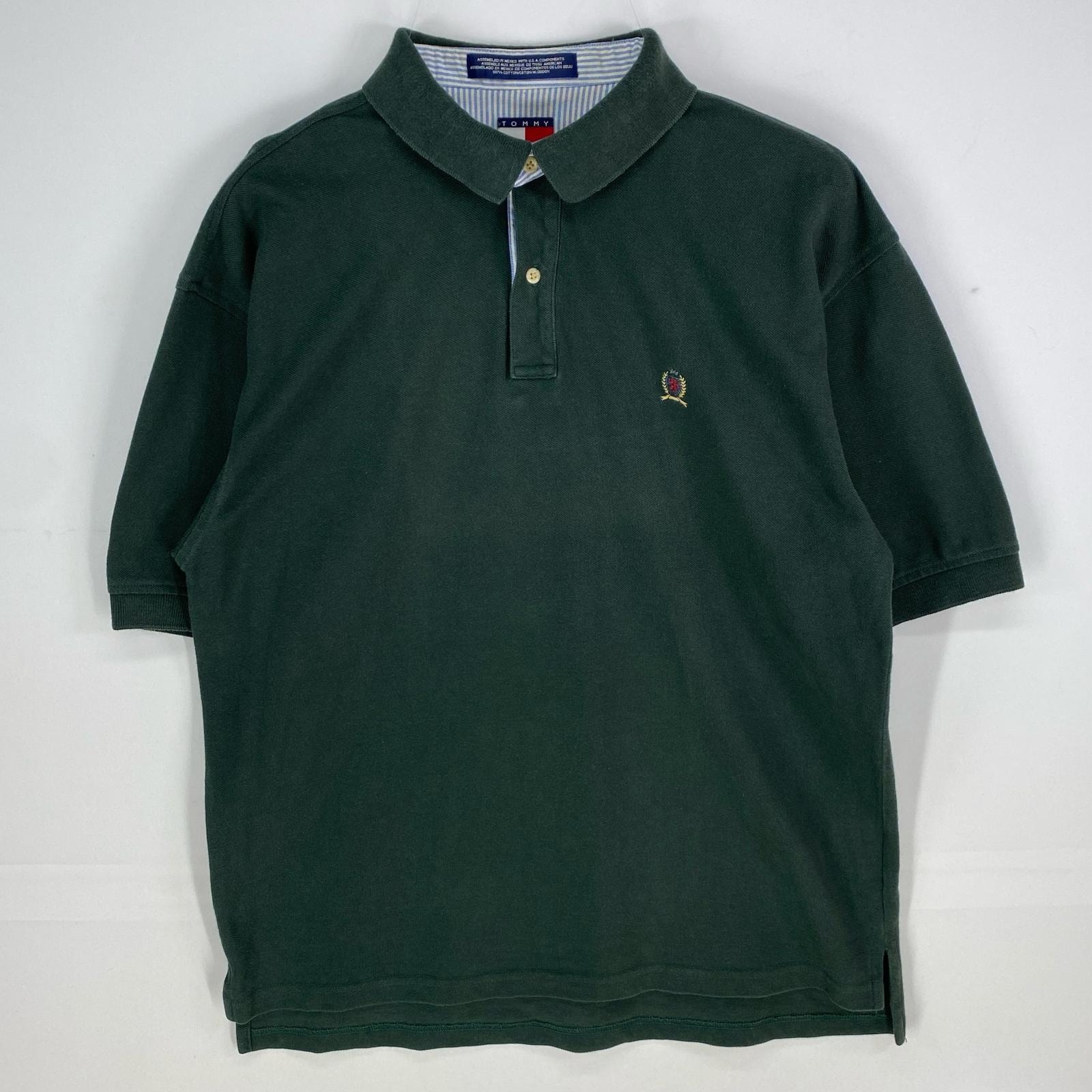 古着 90's/90年代 ヴィンテージ トミーヒルフィガー TOMMY HILFIGER 鹿の子 半袖シャツ 旧ロゴ ポロシャツ XL グリーン系 メンズ