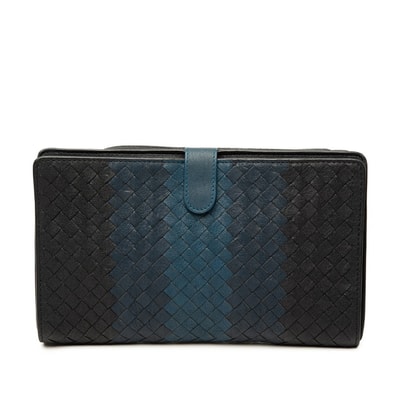 ボッテガヴェネタ イントレチャート クラッチバッグ セカンドバッグ ブラック ネイビー レザー レディース BOTTEGAVENETA 【中古】