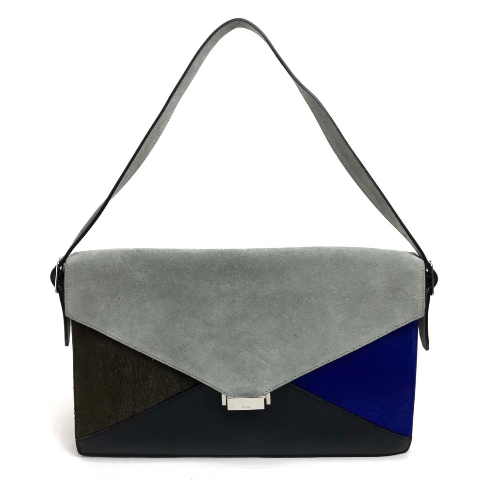 セリーヌ CELINE ダイヤモンドクラッチ 肩掛けバッグ ロゴ金具 カバン ショルダーバッグ クラッチバッグ ハンドバッグ スエード/レザー グレーxブラック 新品同様