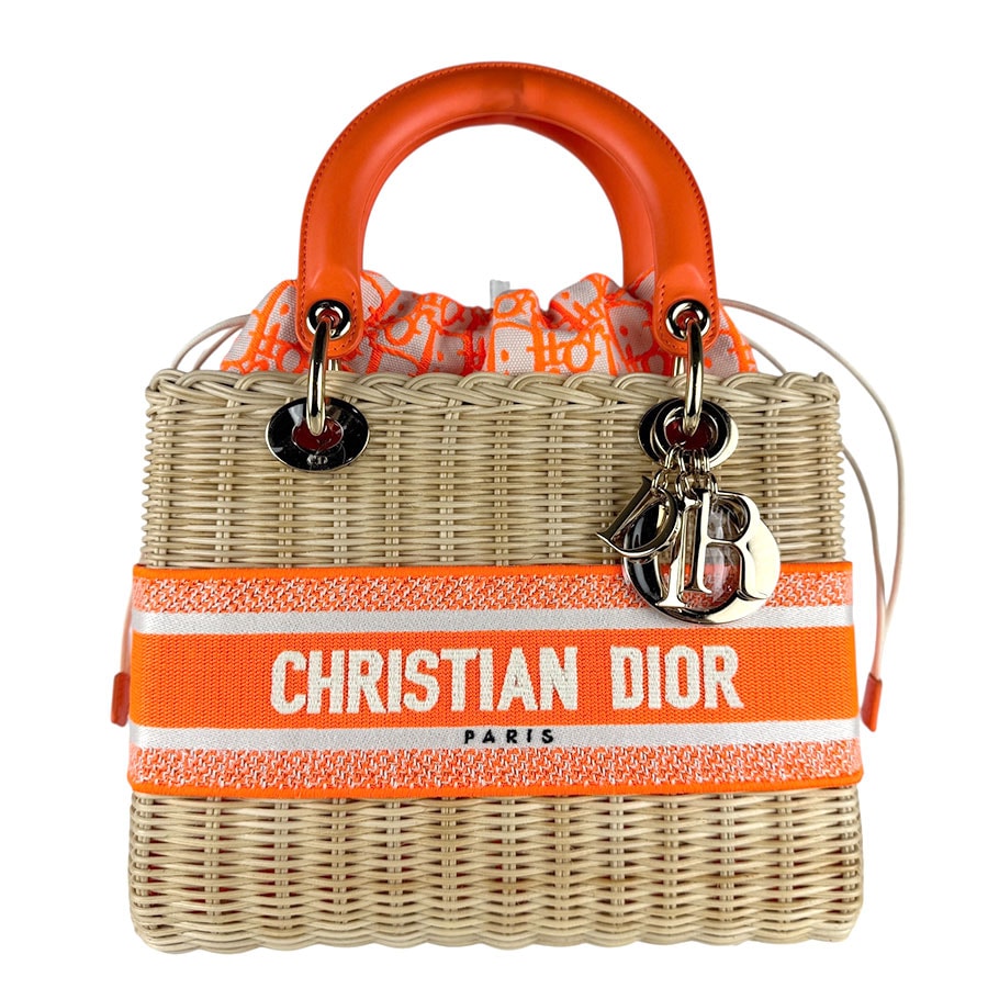 クリスチャンディオール Christian Dior ハンドバッグ ショルダーバッグ カゴバッグ レディ ディライト ストロー/レザー/キャンバス ネオンオレンジ×ナチュラル レディース【中古】 z7351