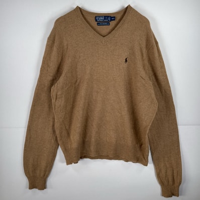 古着 ポロバイラルフローレン Polo by Ralph Lauren 長袖 ニット ワンポイント セーター ウール 刺繍 Vネック 14041 ベージュ 無地 メンズ
