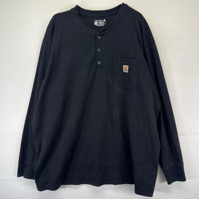 古着 カーハート Carhartt 長袖Tシャツ ワンポイントロゴ ハーフボタン クルーネック 胸ポケット 4XL ブラック系 メンズ