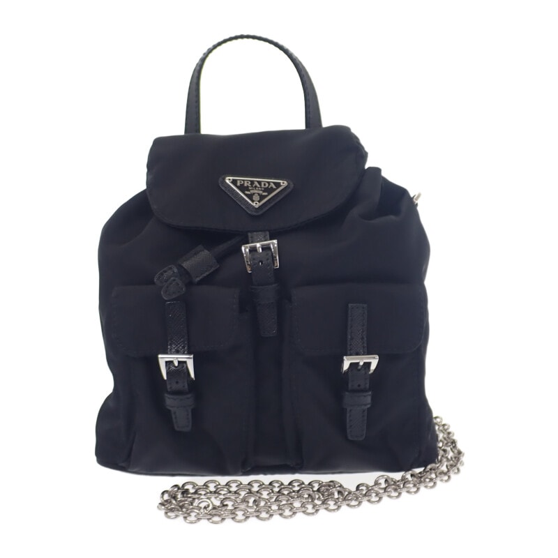 プラダ PRADA ミニバックパック 1BH029 ショルダーバッグ ナイロン サフィアーノ ブラック シルバー金具 レディース【中古】【Aランク】