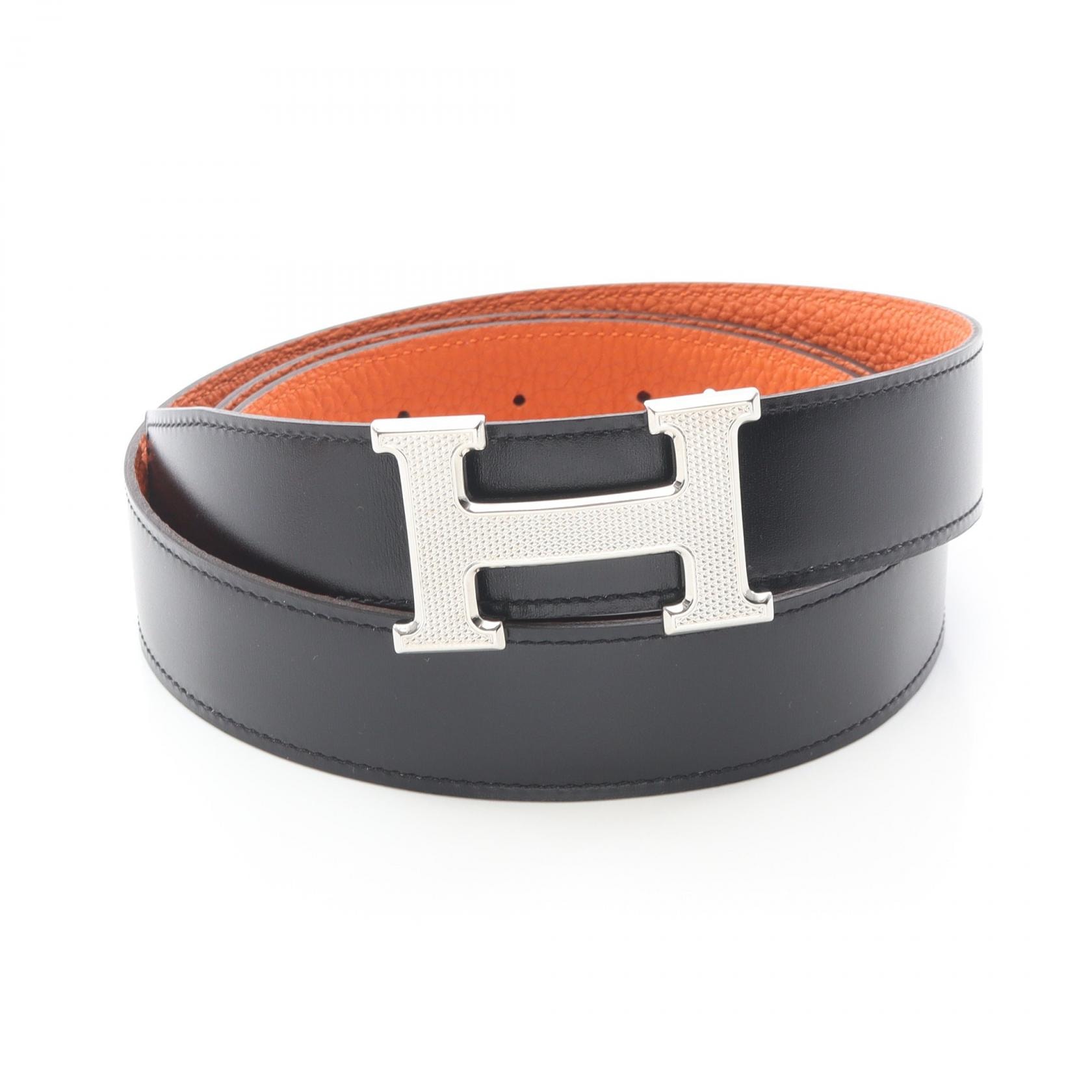 エルメス HERMES コンスタンス ギロッシュ Hベルト ベルト 衣料品 カーフ(牛革) トゴ ボックスカーフ オレンジ □R刻印(2014年製造) メンズ ブラック系 / オレンジ系 【中古】