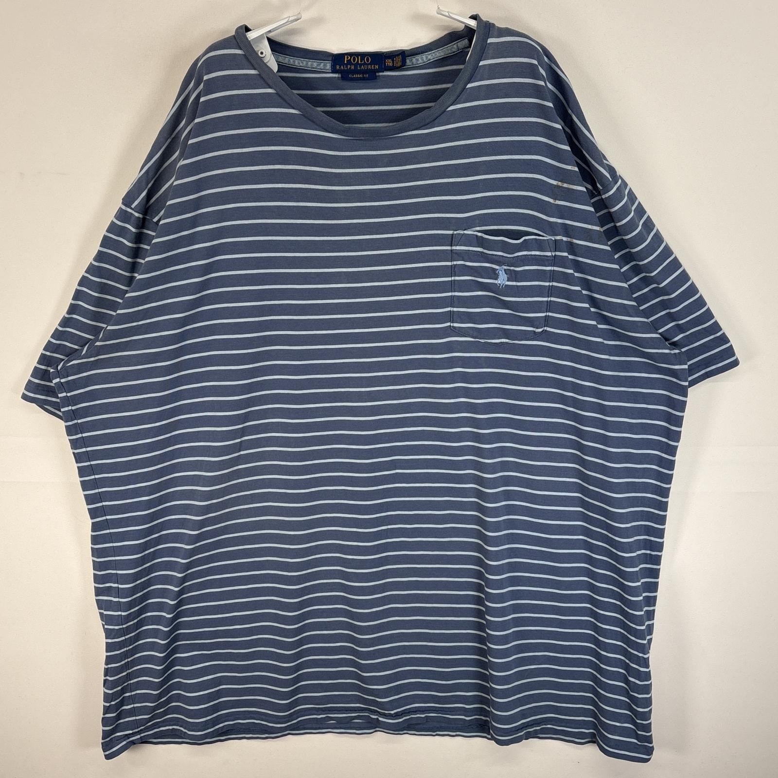 古着 ポロ・ラルフローレン POLO RALPH LAUREN 半袖Tシャツ ロゴ 刺繍 大きいサイズ クルーネック 14041  ブルー系 ボーダー メンズ