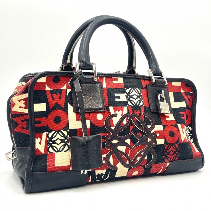 LOEWE(ロエベ)アマソナ28 ハンドバッグ アーカイブ アナグラム モノグラム キャンバス レザー レッド ブラック シルバー金具 レディース【中古】