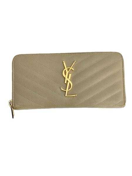 SAINT LAURENT Monogram Zip Around Wallet In Grain De Poudre Embossed Leather "Dark Beige"
