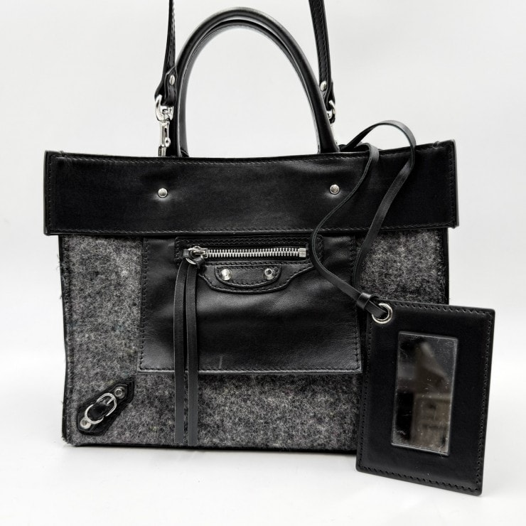 BALENCIAGA(バレンシアガ)Mini Papier 2WAYハンドバッグ ショルダーバッグ ブラック レザー フェルト素材 シルバートーン金具 レディース