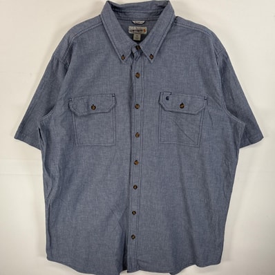 古着 カーハート Carhartt 半袖シャツ ワンポイント ロゴ 刺繍 ボタンダウンシャツ 大きいサイズ 2XL ネイビー系 無地 メンズ