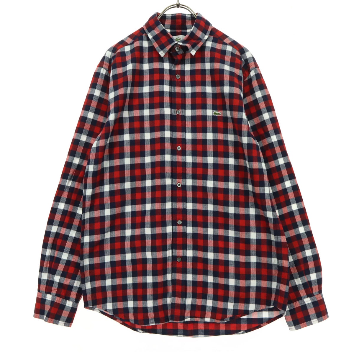美品 LACOSTE ラコステ チェック柄 長袖 コットンシャツ 3 レッド系
