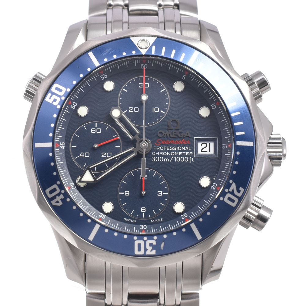 オメガ OMEGA 2225.80 シーマスター プロダイバーズ 300m クロノグラフ ブルー 自動巻き メンズ 美品 保証書付き 腕時計 L#151058