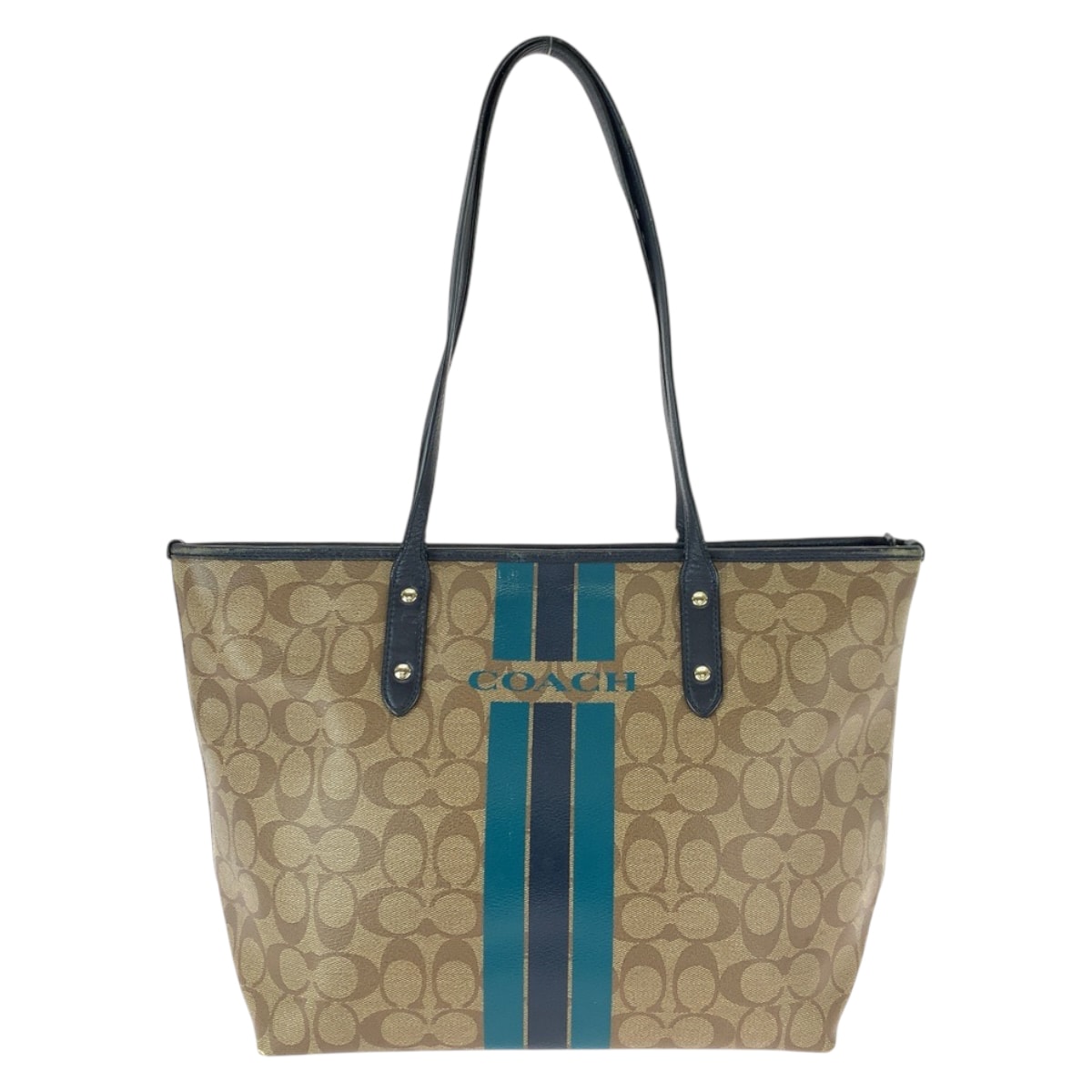 COACH コーチ シグネチャー ベージュ ネイビー ゴールド金具 PVC レザー/ ショルダーバッグ トートバッグ 600507 【中古】