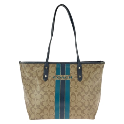 COACH コーチ シグネチャー ベージュ ネイビー ゴールド金具 PVC レザー/ ショルダーバッグ トートバッグ 600507 【中古】