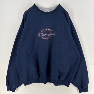 古着 チャンピオン Champion スウェット ロゴ クルーネック 刺繍 厚手 トレーナー 2XL ネイビー メンズ