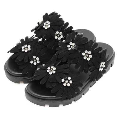 【未使用】Christian Louboutin クリスチャンルブタン サンダル 38.5 レディース FLORA COOL FLAT クリスタルビジュー & スタッズ スエード フラワーストラップ ナッパレザー シューズ 革靴 付属有 ブラック 黒 伊製