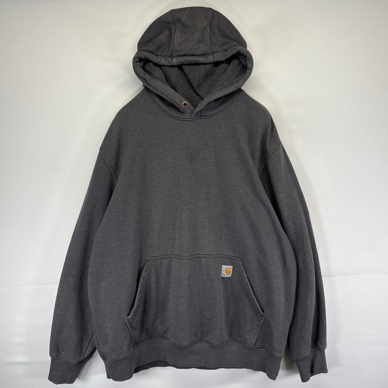 古着 カーハート Carhartt パーカー スウェット 大きいサイズ ワンポイントロゴ プルオーバー  フーディ XL  ダークグレー系 メンズ