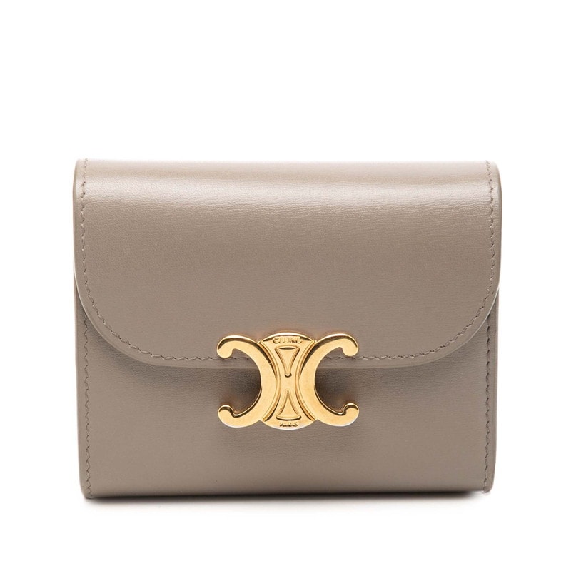 セリーヌ トリオンフ スモール フラップウォレット 二つ折り財布 ぺブル グレー系 レザー レディース CELINE 【中古】