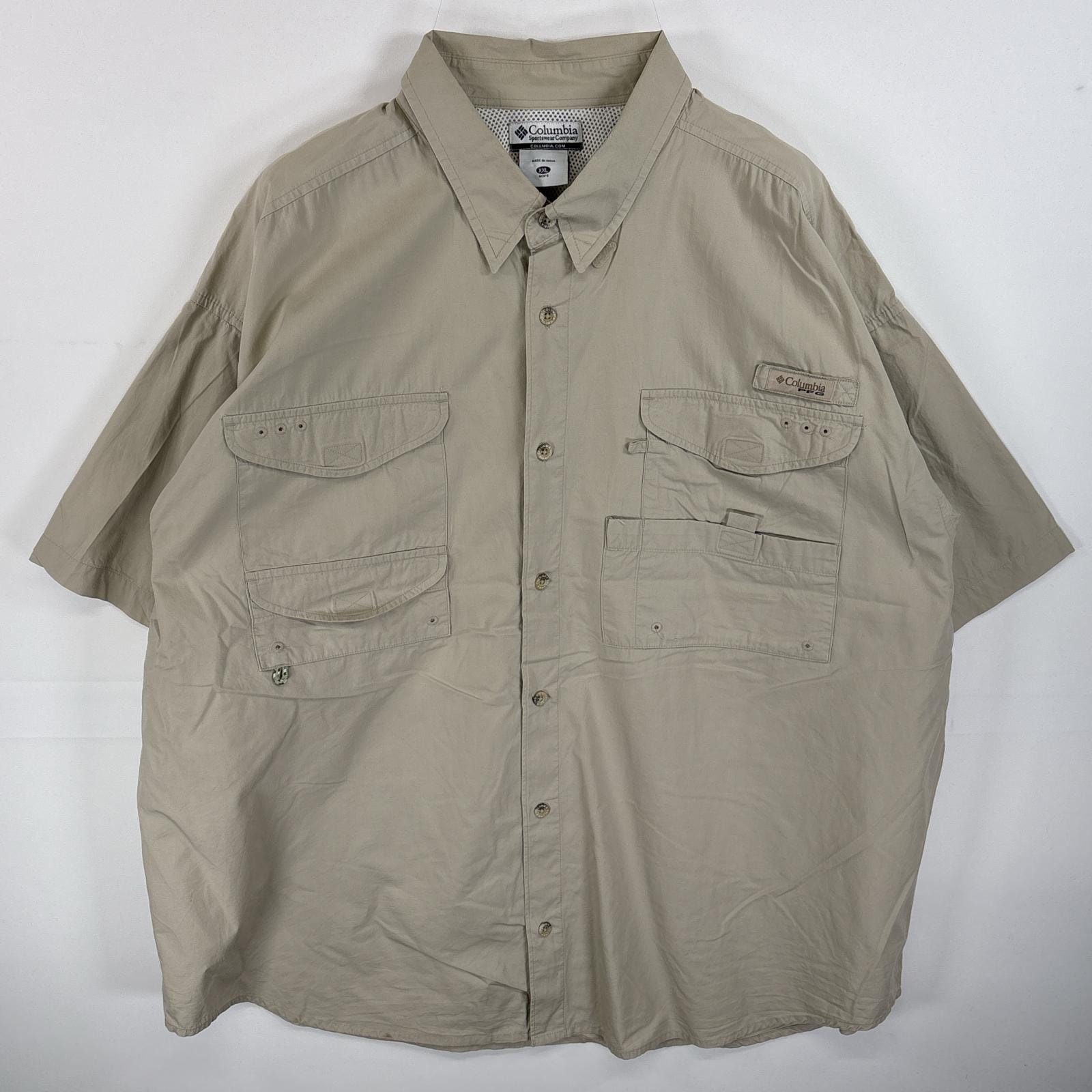 古着 コロンビア Columbia 半袖シャツ ワンポイント ロゴ PFG フラップポケ 14041  ベージュ 無地 メンズ