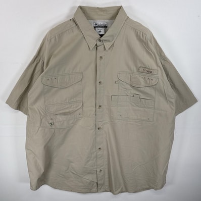 古着 コロンビア Columbia 半袖シャツ ワンポイント ロゴ PFG フラップポケ 14041 ベージュ 無地 メンズ