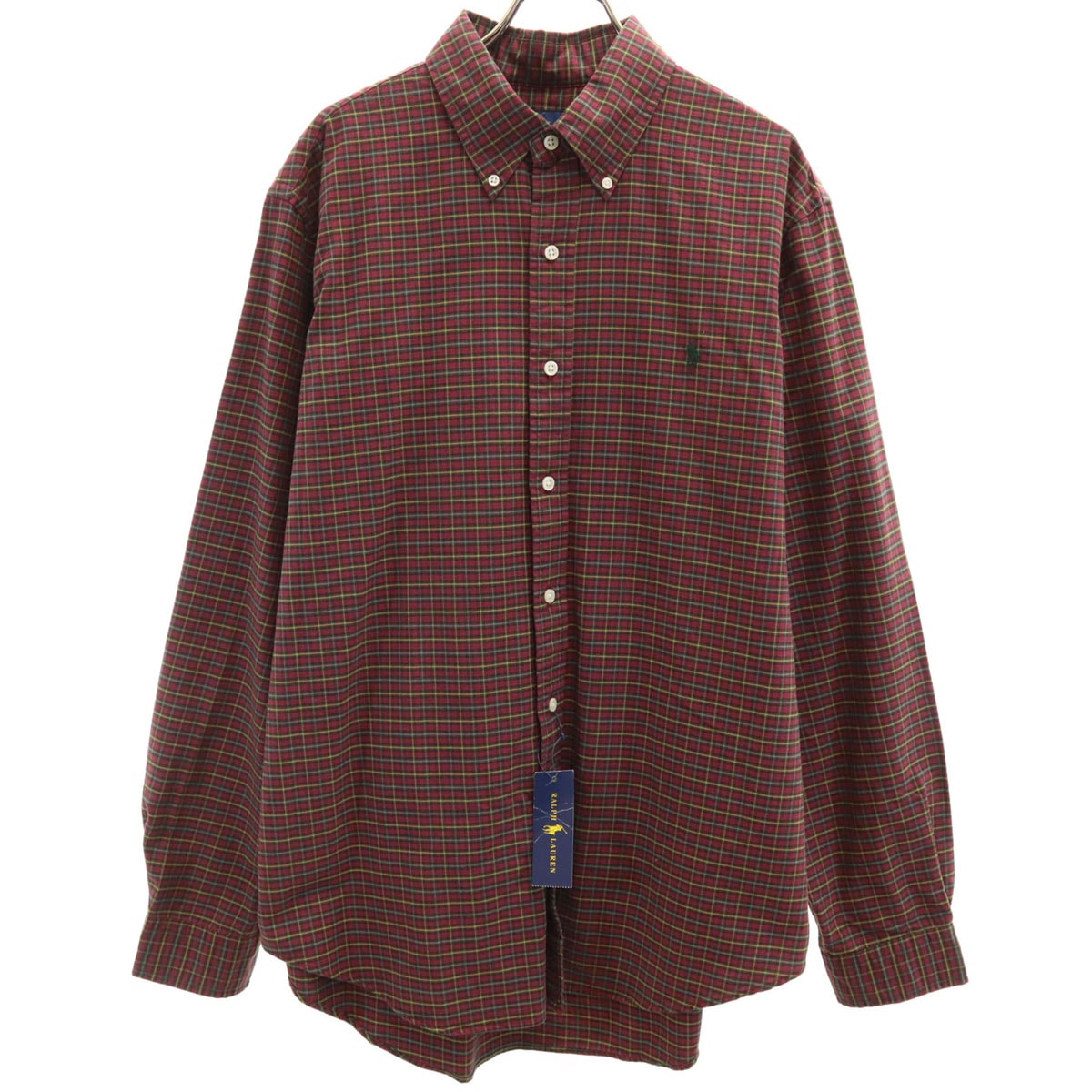 未使用 RALPH LAUREN ラルフローレン チェック柄 長袖 ボタンダウンシャツ L レッド系