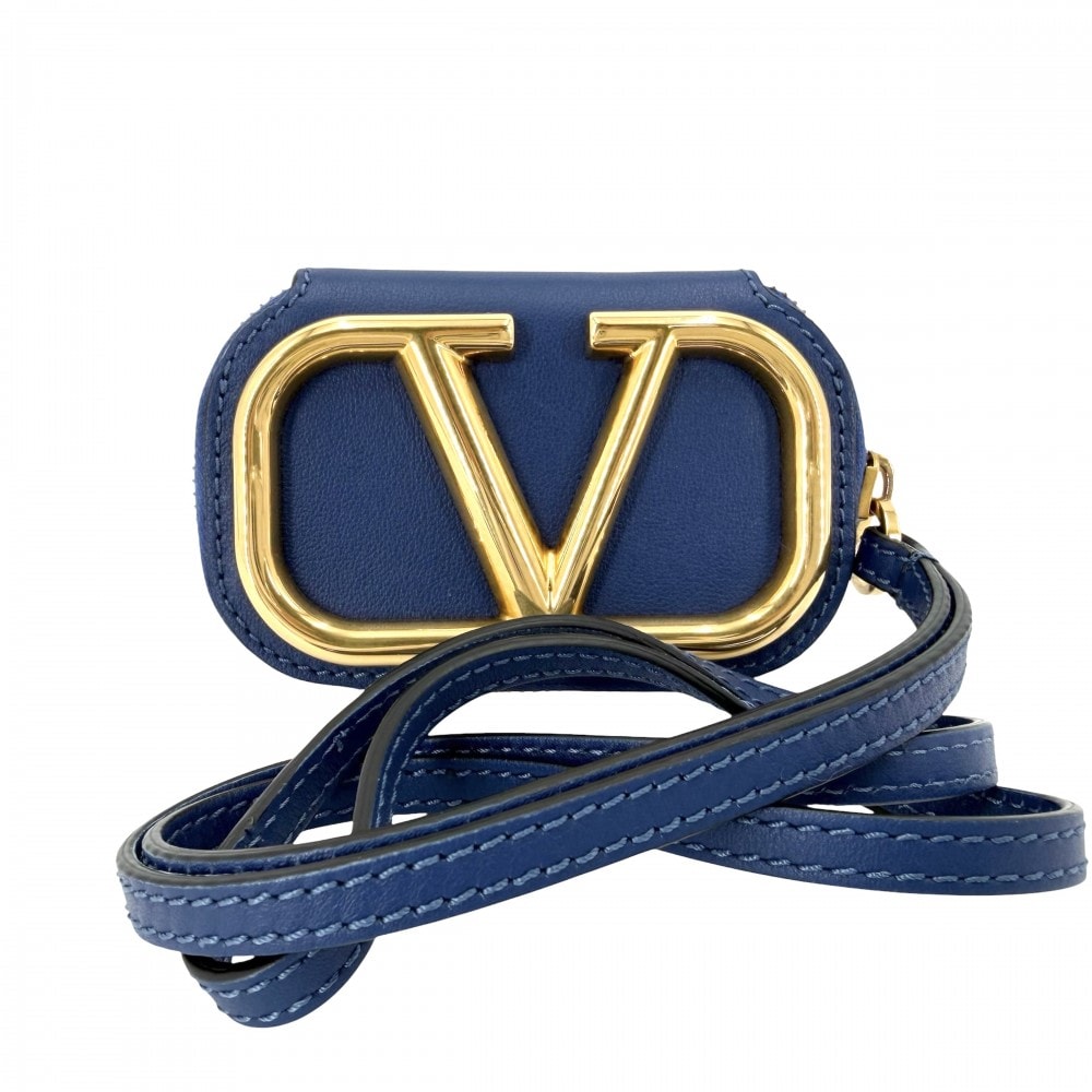 Valentino Garavani ヴァレンティノ・ガラヴァーニ ショルダーバッグ ポーチ ミニバッグ ショルダーポシェット 小さめ レザー ブルー 青 ゴールド金具 レディース 美品【中古品】