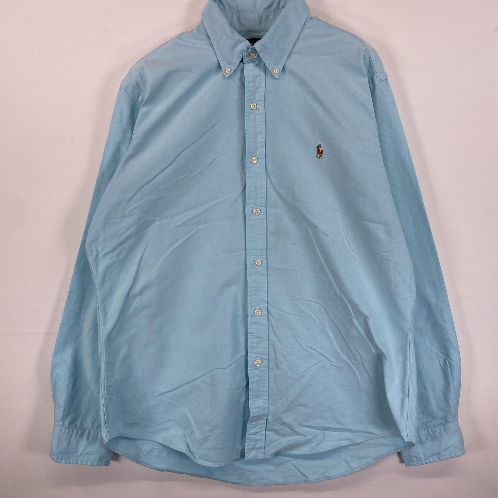 古着 90's/90年代 ラルフローレン RALPH LAUREN 長袖シャツ ボタンダウン ワンポイントロゴ刺繍 L  水色 無地 メンズ