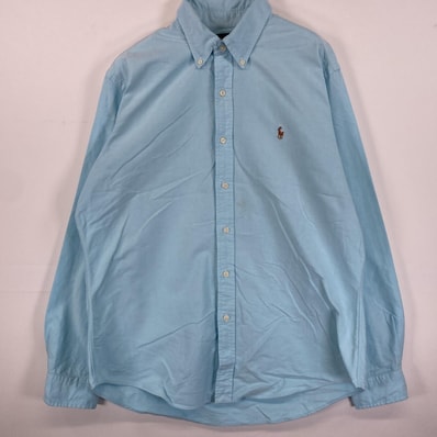 古着 90's/90年代 ラルフローレン RALPH LAUREN 長袖シャツ ボタンダウン ワンポイントロゴ刺繍 L 水色 無地 メンズ