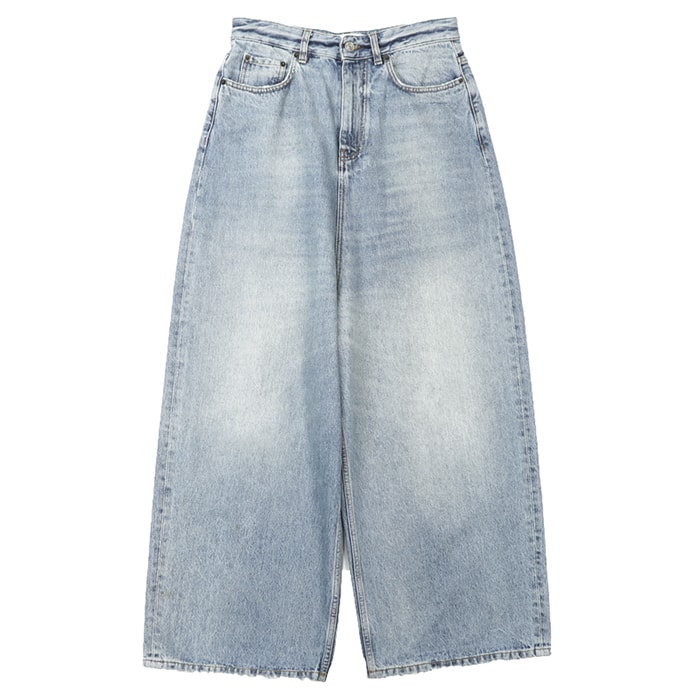 BALENCIAGA バレンシアガ バギー デニムパンツ レディース 24 2021年製 ロゴ ボタン ダメージ加工 JEANS ジーンズ low crotch pants ロークロッチ ワイドシルエット ジップフライ ライトインディゴ 伊製 697886