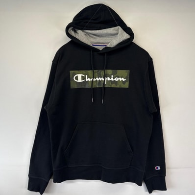 古着 チャンピオン Champion パーカー プルオーバー フーディー ビックロゴプリント 大判 スポーツ M ブラック メンズ