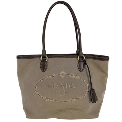 PRADA プラダ ハンドバッグ トートバッグ 肩掛け 1BG159 キャンバス レザー ベージュ ブラウン 茶 ゴールド金具 レディース【中古品】