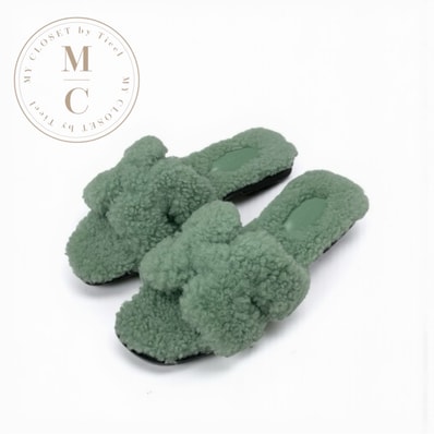 エルメス HERMES オラン サンダル 靴 シューズ ムートン グリーン フラット ミュール ボア